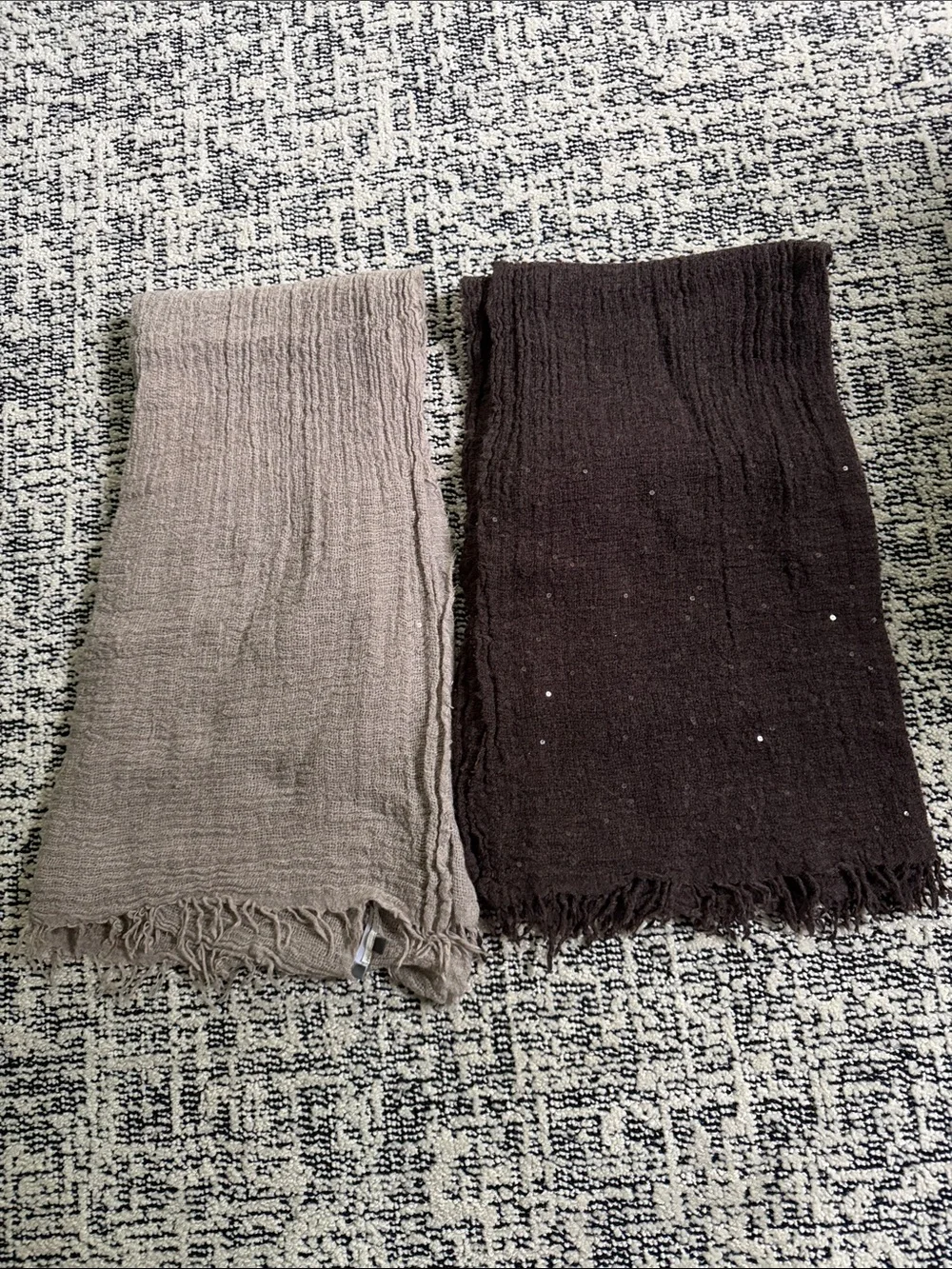 Vince Two-Pack Lightweight Fringe Scarves in Taupe and Dark Brown. Made in Italy